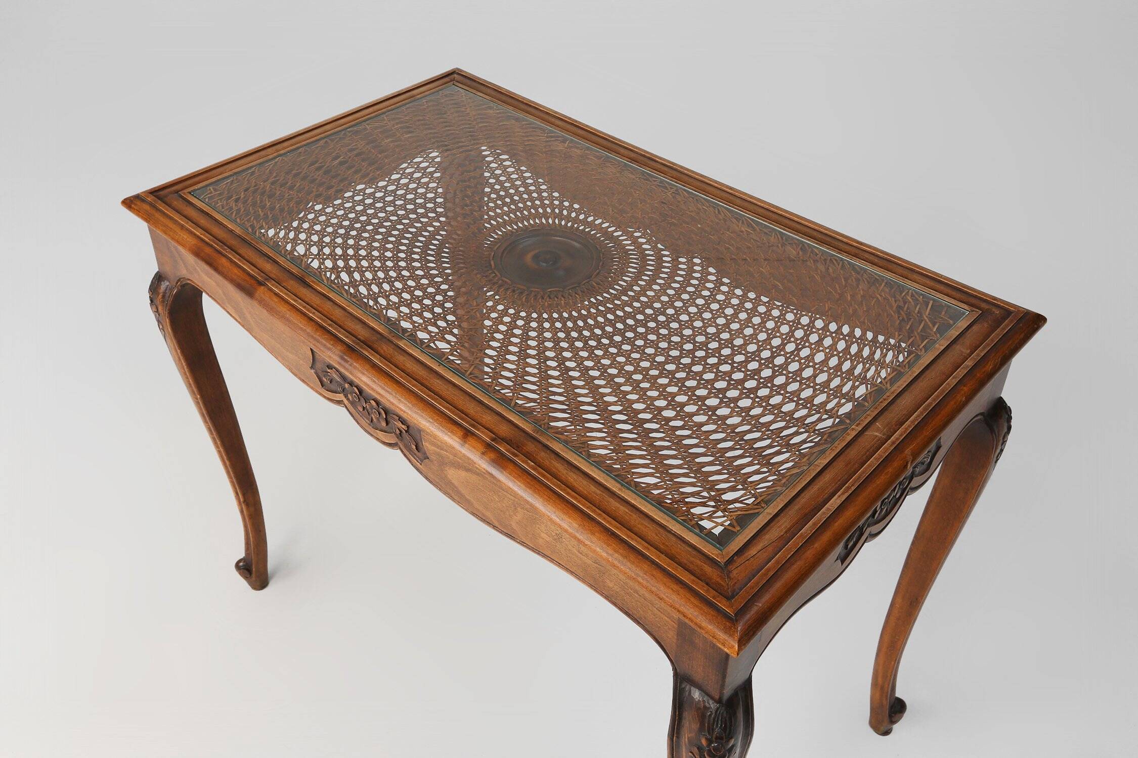 Sculpted Side Table in Wood, Glass & Rattan, France 1950s