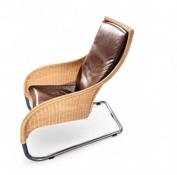 2 x Chaise longue lourde en rotin / cuir marron années 1990 Très bon état