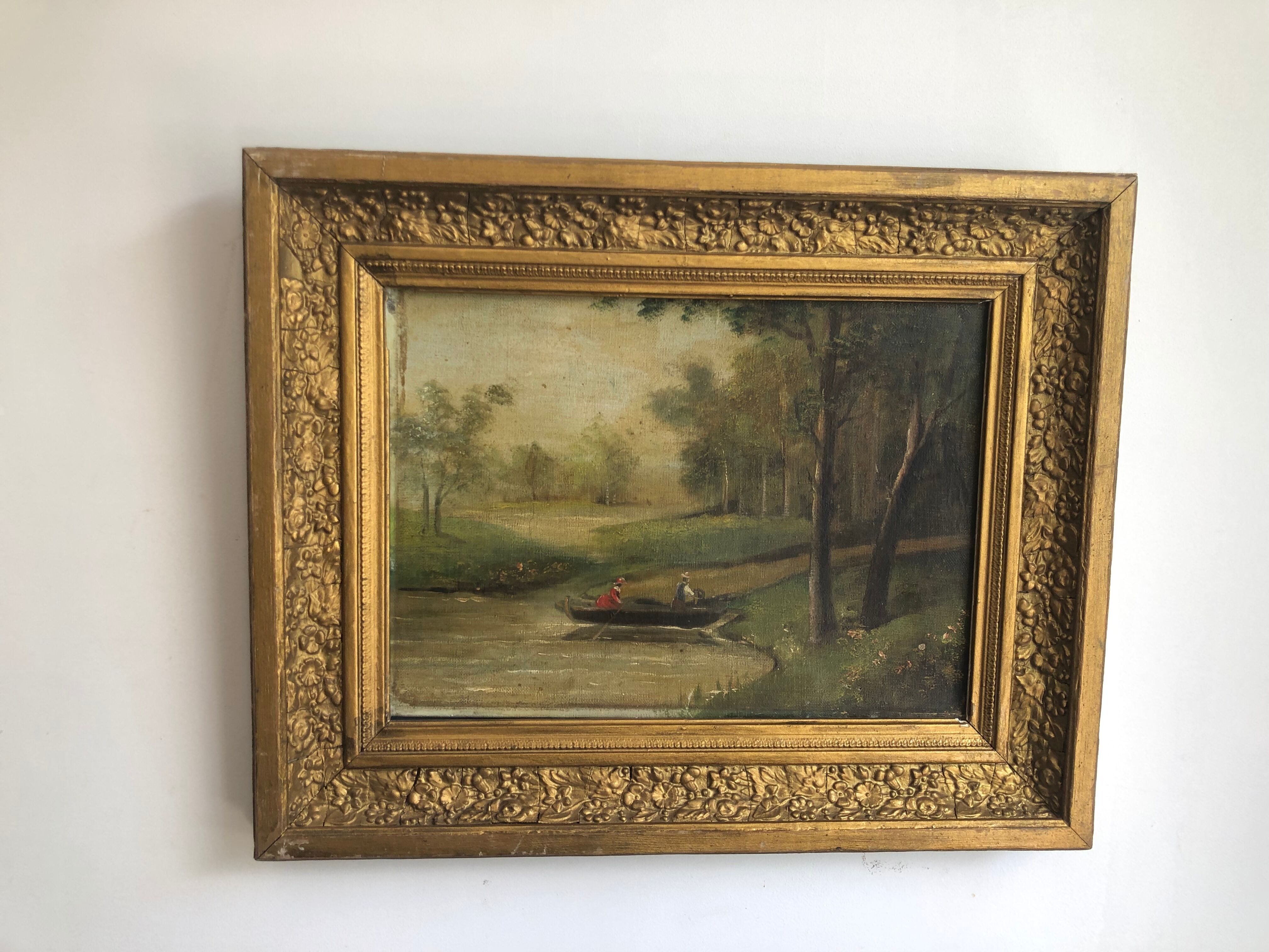 Oil on canvas framed Landscape with boat