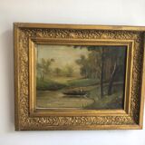 Oil on canvas framed Landscape with boat