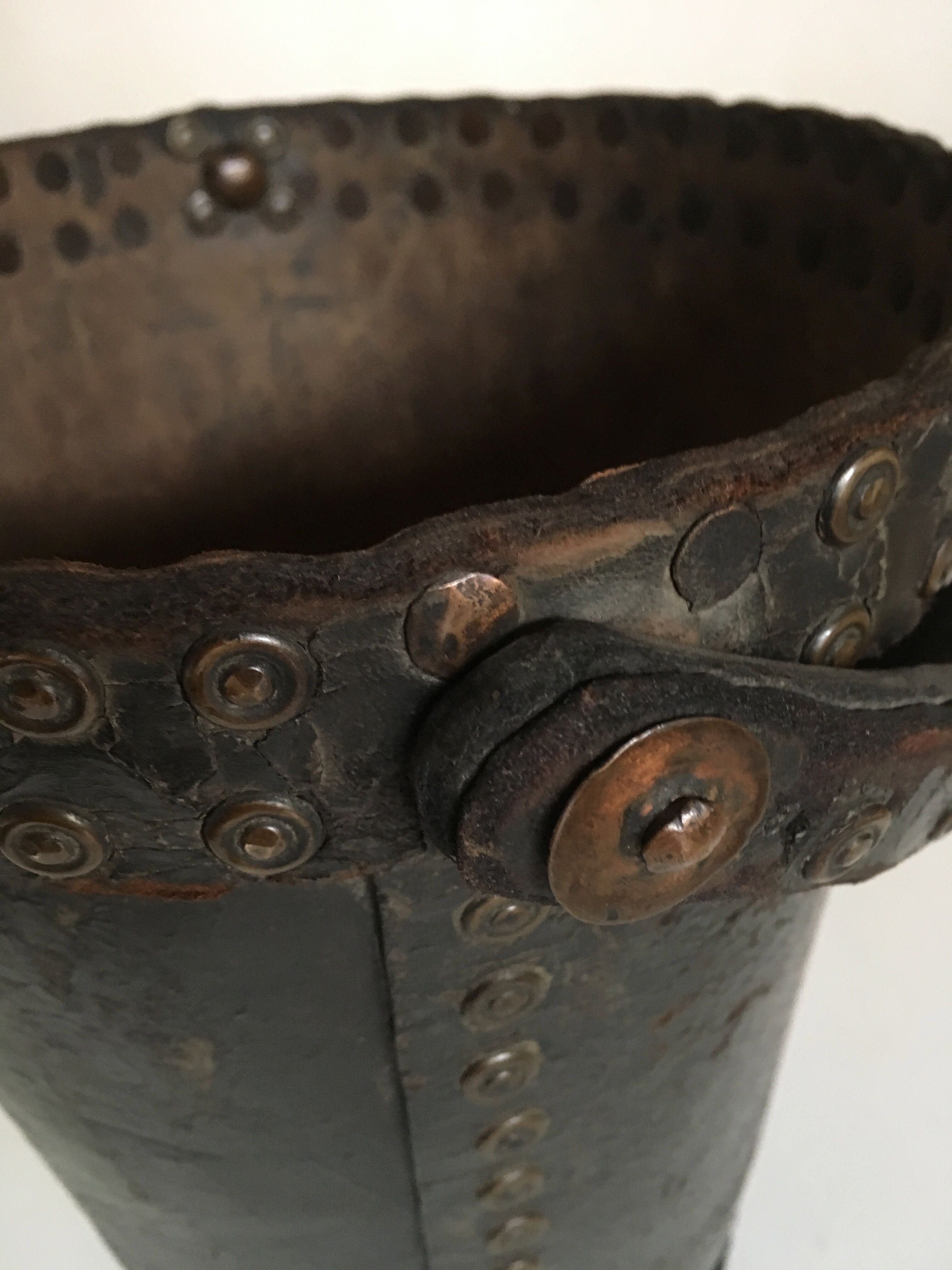 Brutalist studded leather wastepaper basket bucket 1920