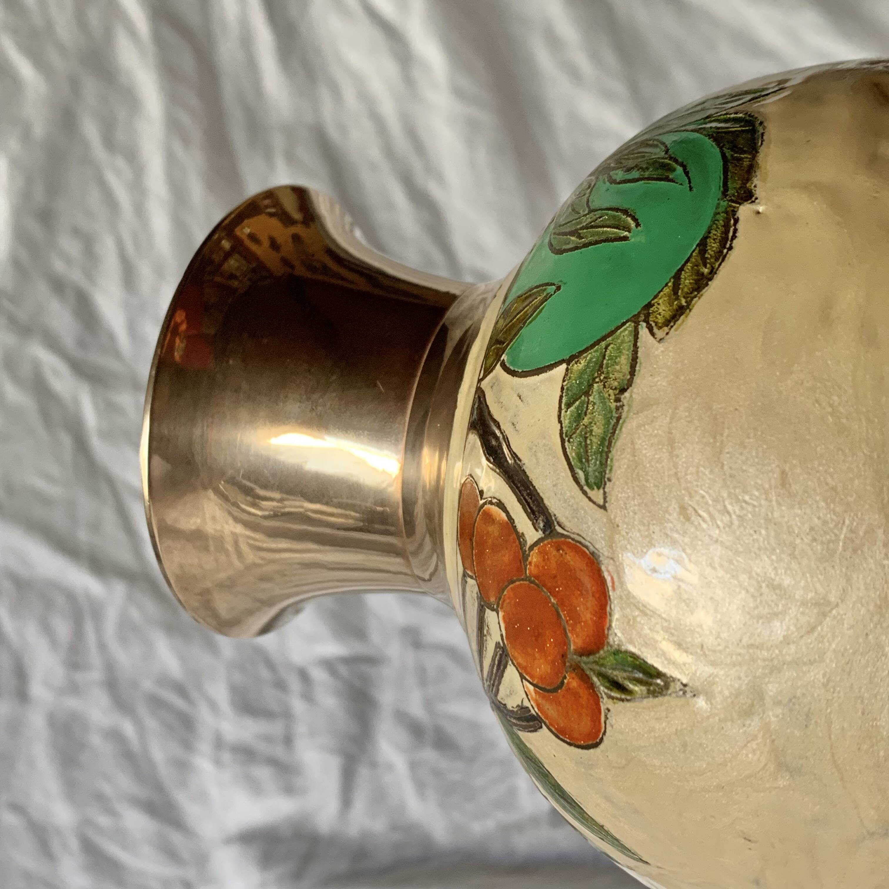 Vintage brass vase with cloisonné enamel floral decoration
