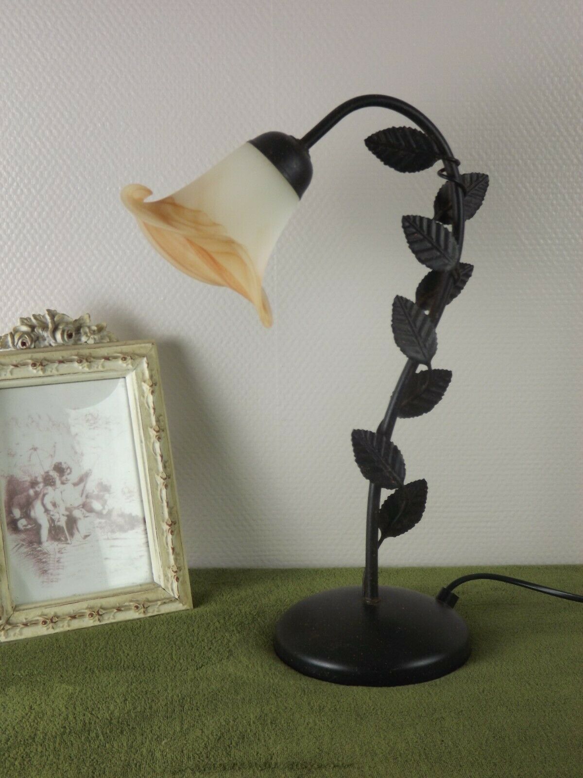 Vintage French Black Tole ware Table Lamp With Leaf Decoration Amber Shade 3059