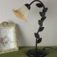 Vintage French Black Tole ware Table Lamp With Leaf Decoration Amber Shade 3059