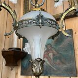 19th century brass and bronze chandelier, Napoleon III, illuminated by 6 tulips and a central globe