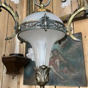 19th century brass and bronze chandelier, Napoleon III, illuminated by 6 tulips and a central globe