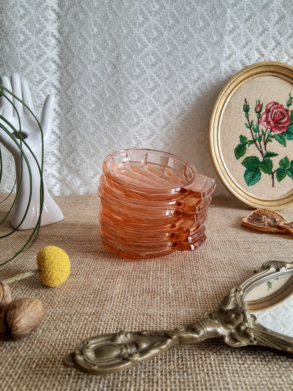 Set of 6 small scallops in vintage rosaline pink glass
