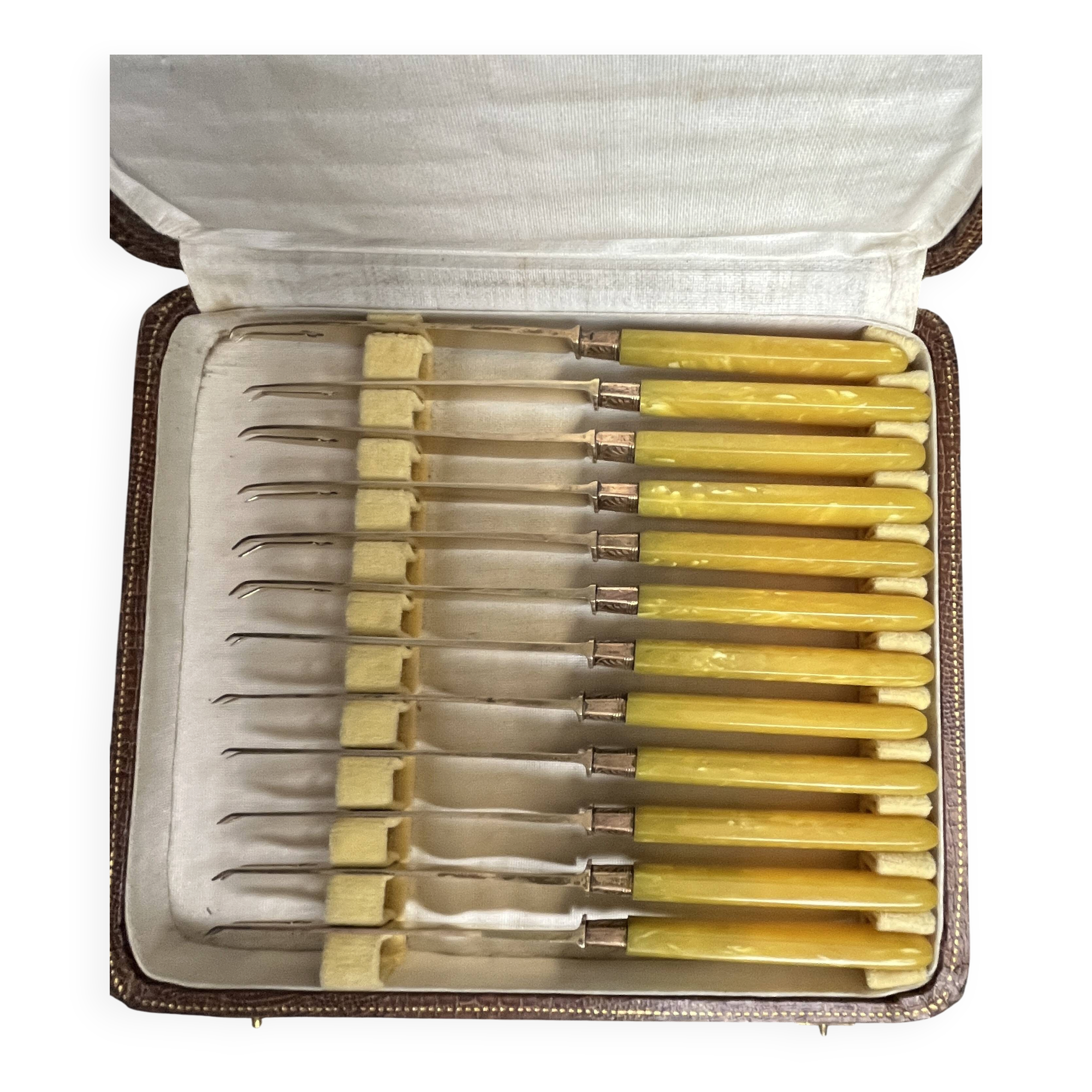 Tableware, case of 12 vermeil fruit knives and galalithe from the early 20th century.
