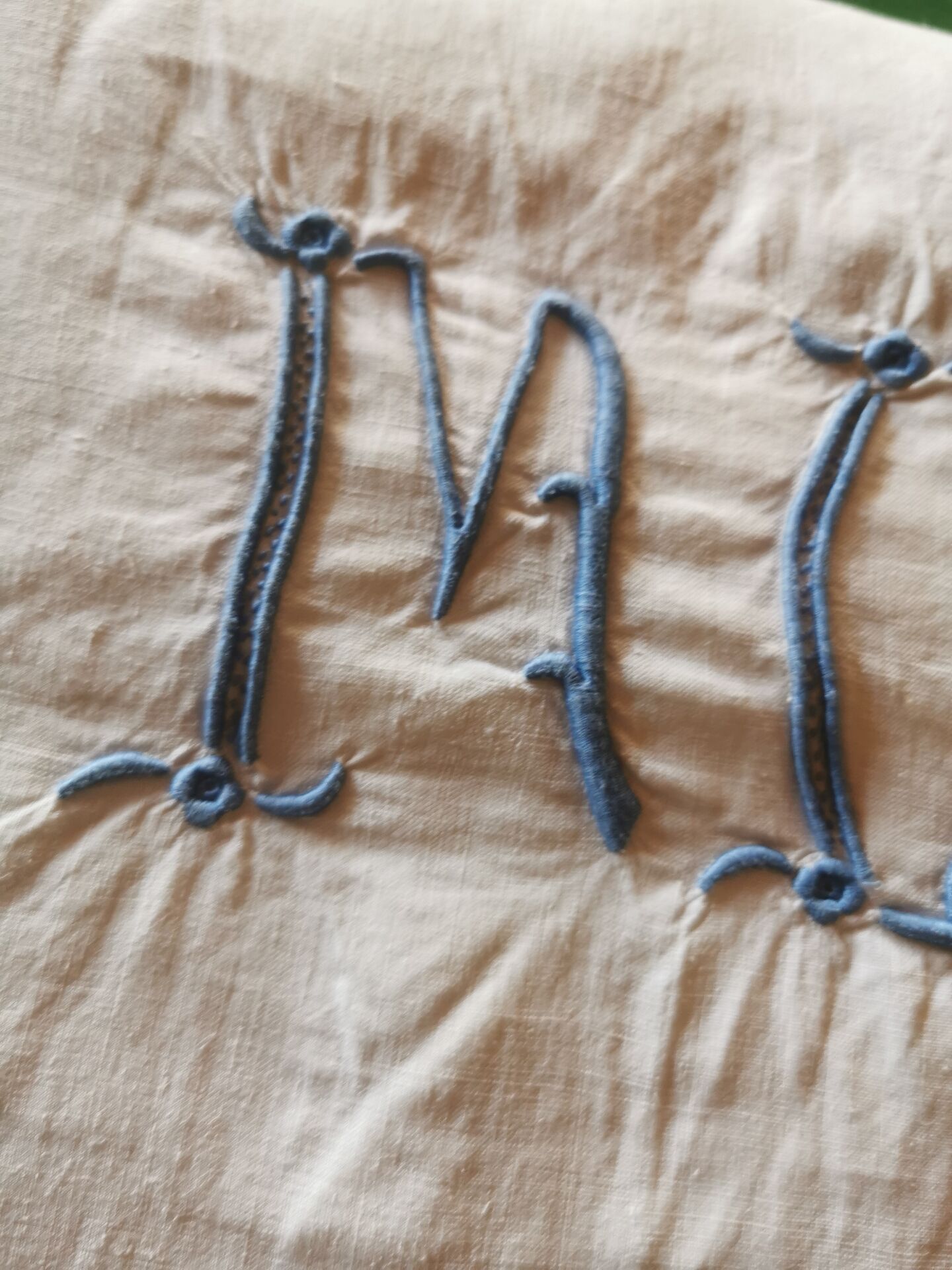 Drap ancien en lin monogrammé 3,20x2,30 m