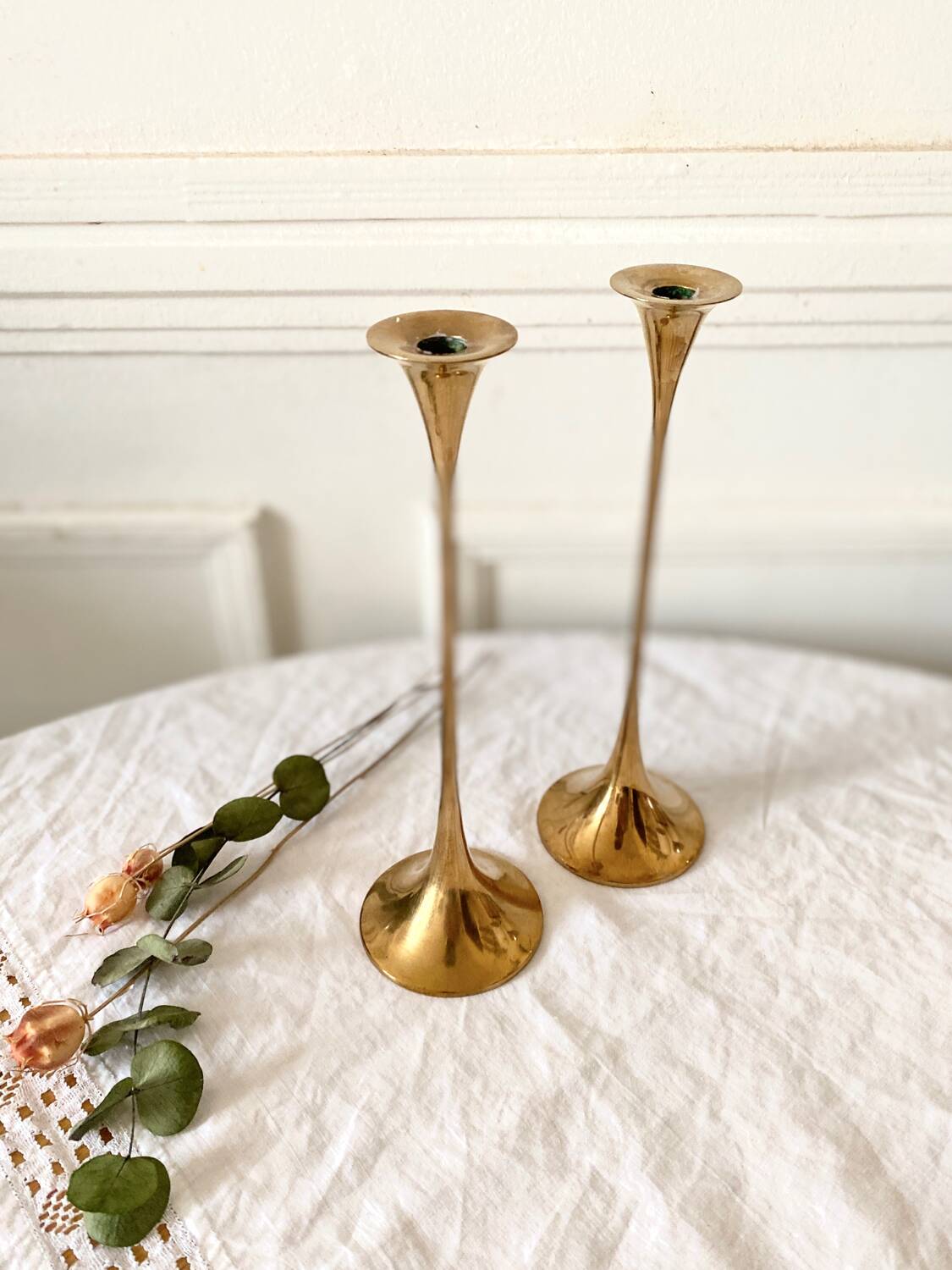 Pair of Scandinavian candlesticks in gilded brass H 23 cm