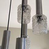 Large suspension chandelier with 5 glass lampshades and aluminium tube.