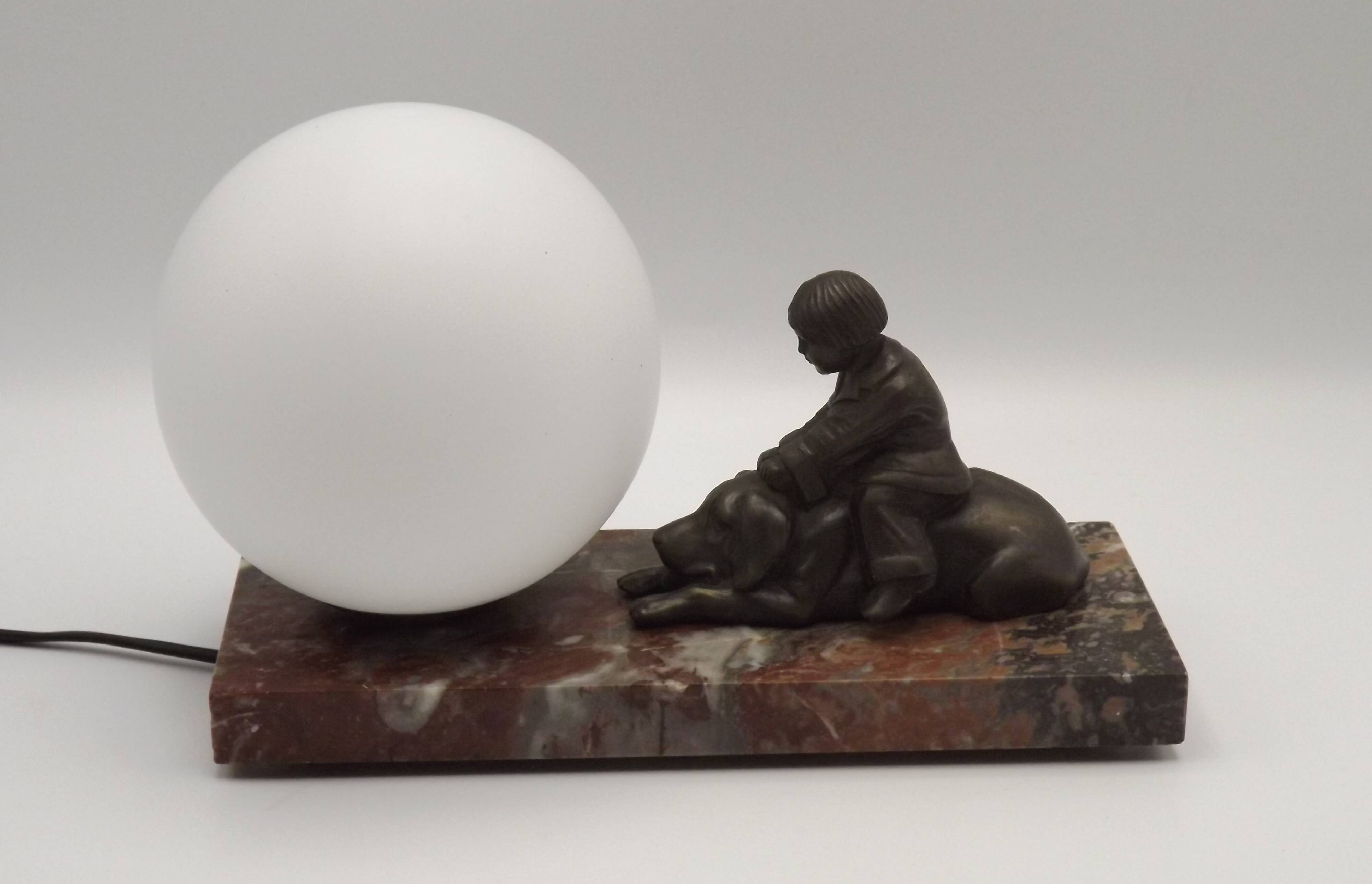 French Art Deco Table Lamp Vintage Dog & Child Figure Opaline Glass Shade
