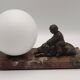 French Art Deco Table Lamp Vintage Dog & Child Figure Opaline Glass Shade