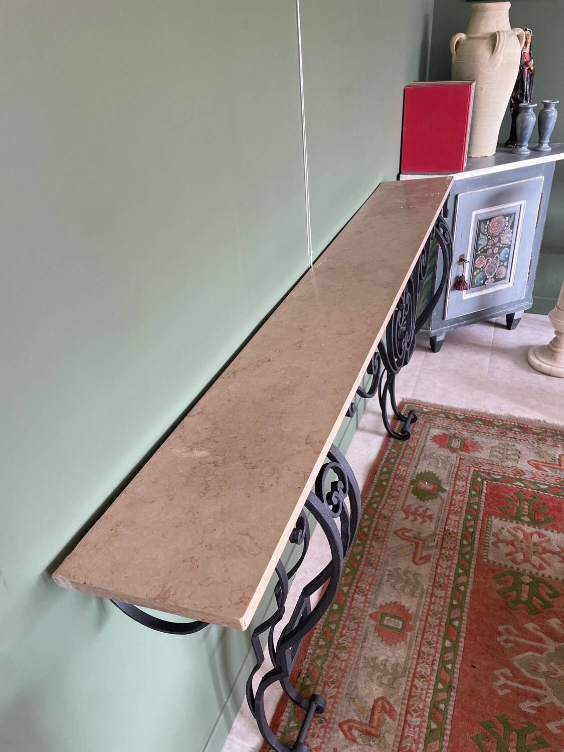 Black wrought iron & beige marble console table