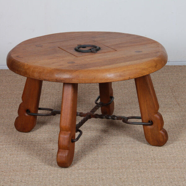 Round coffee table in solid oak and wrought iron, 1950.