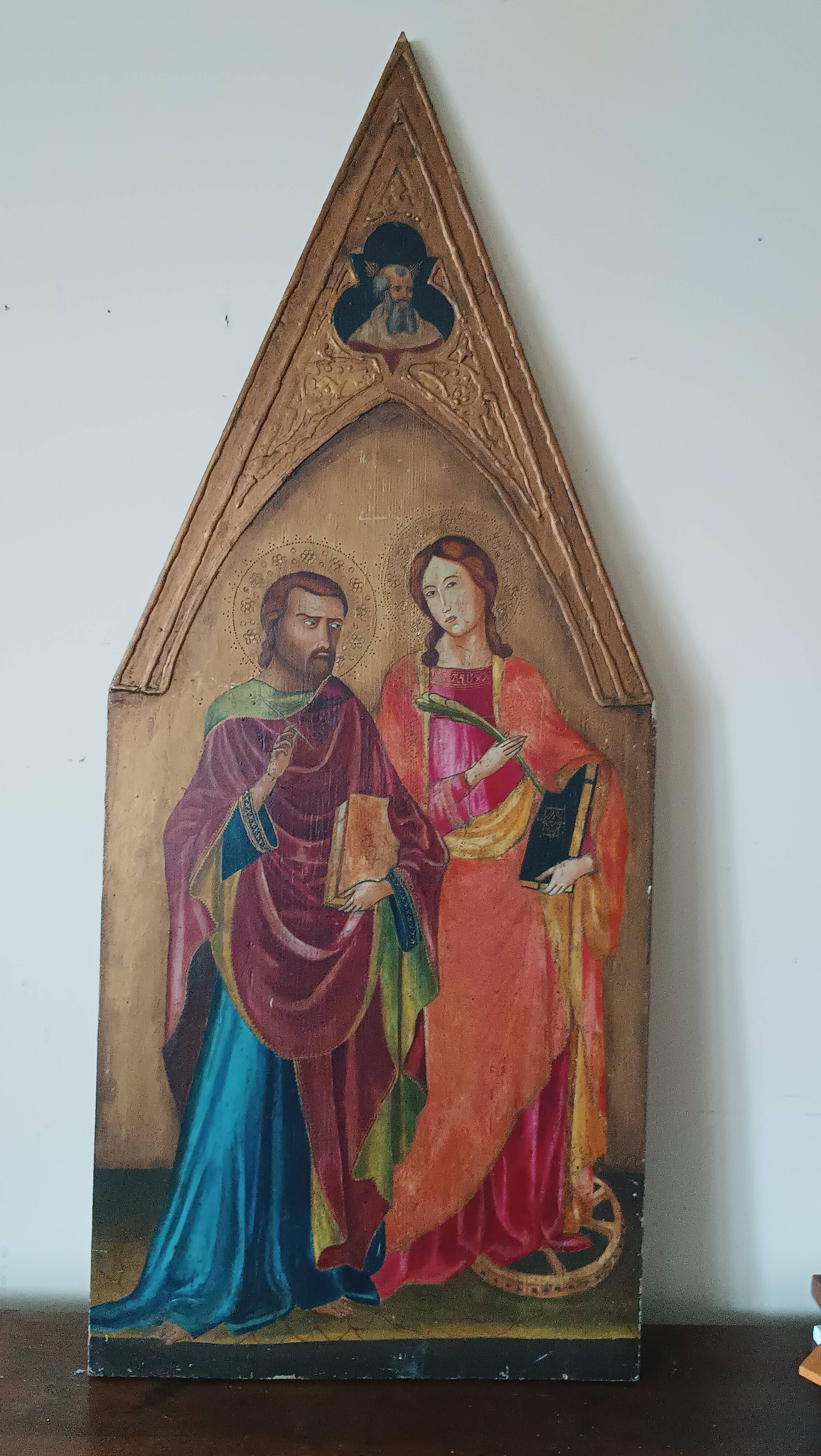 Peinture à la détrempe ancienne sur panneau avec des saints, 19ème siècle