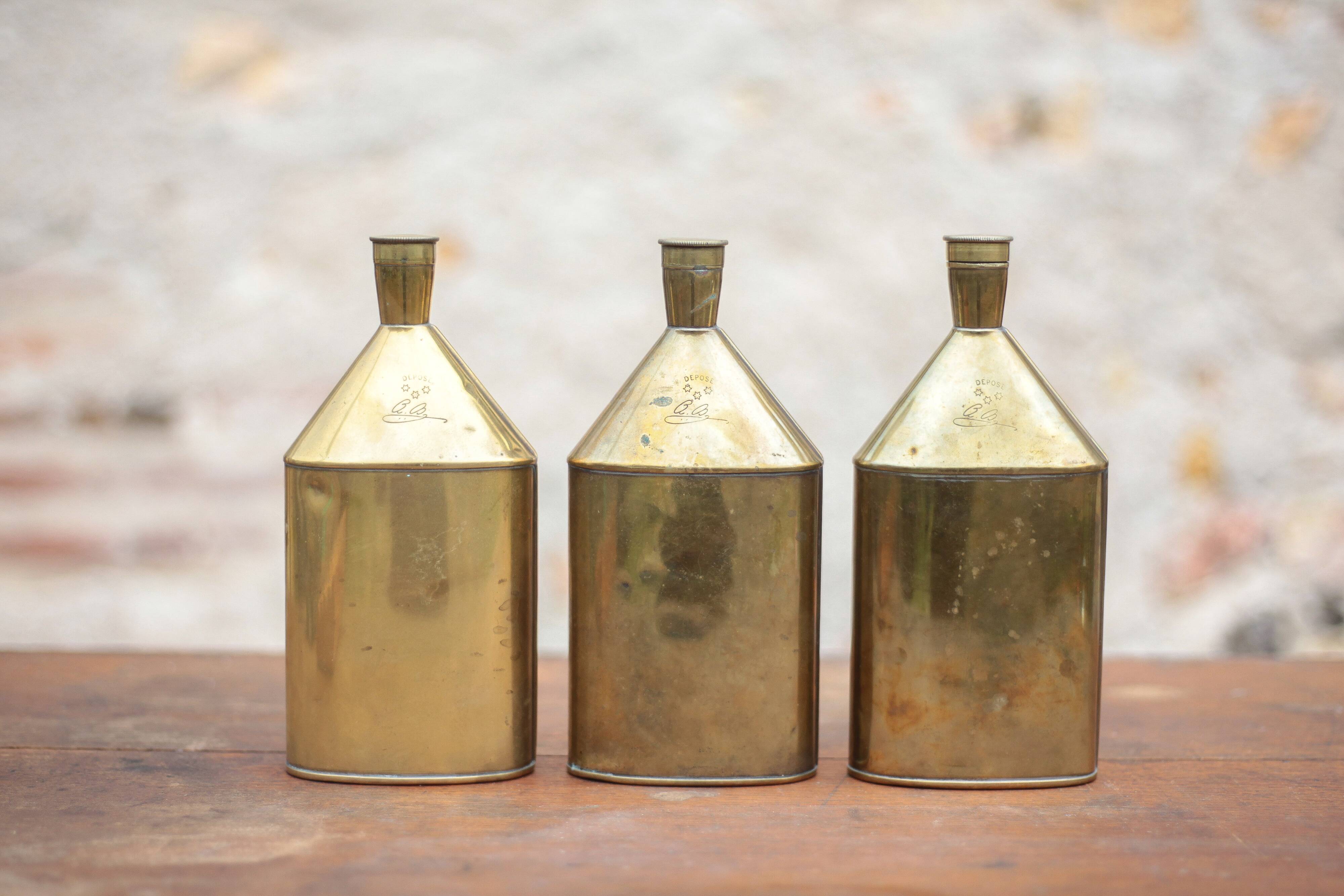 Lot de 3 bouteilles laiton vintage, gourde laiton, récipient laiton
