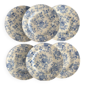 Set of 6 vintage EIT England plates - White porcelain with blue patterns