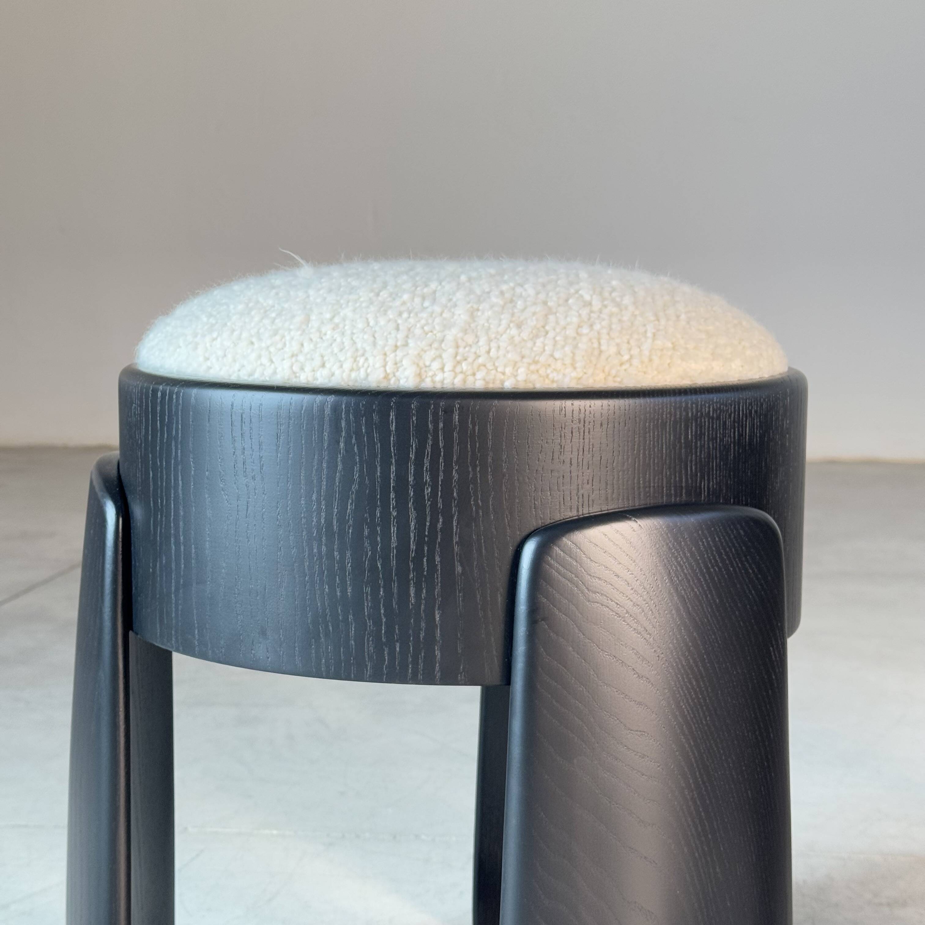 Pair of Black Ash Sculptural Stools with Dedar Milano Bouclé, by FORME