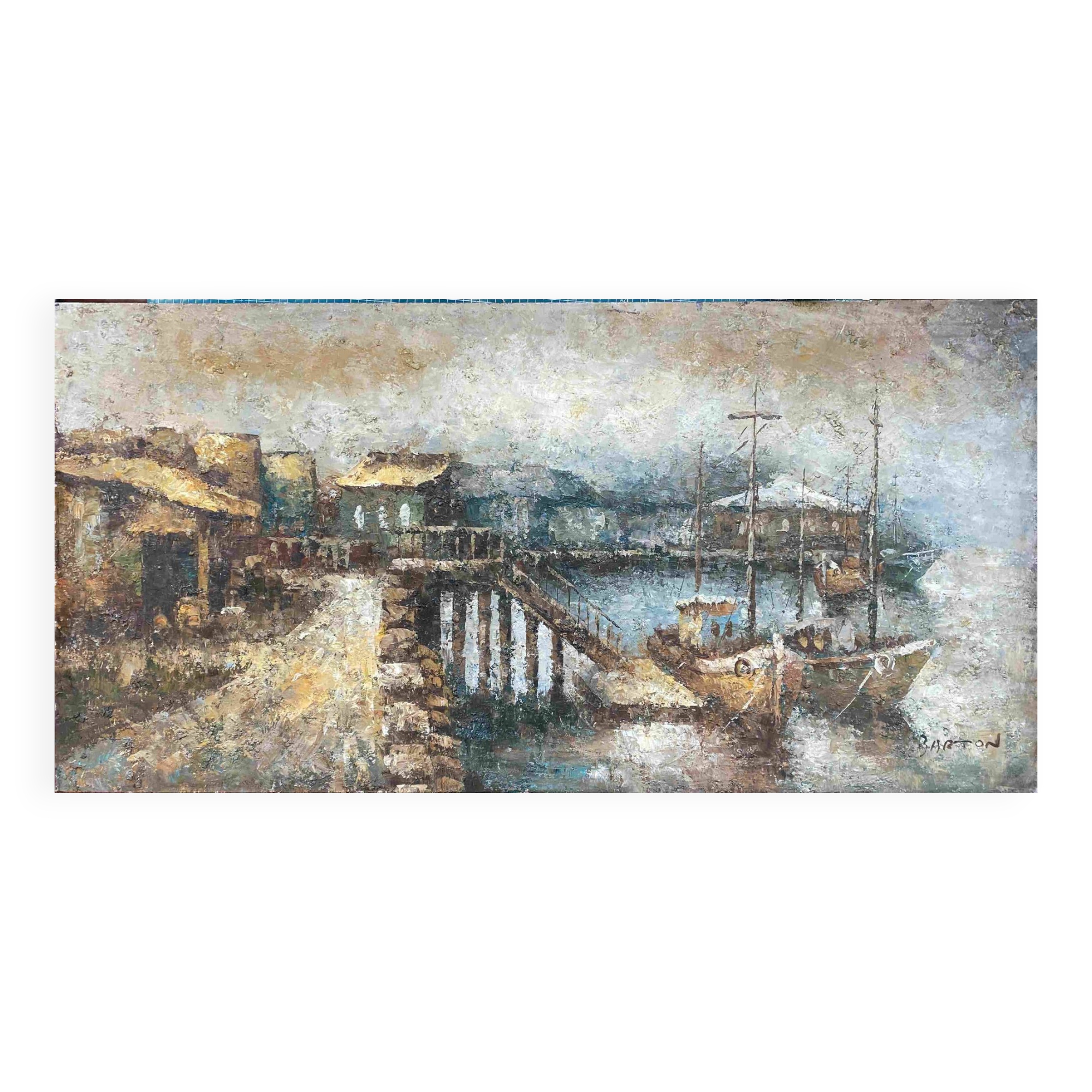 HST painting "Navy and boats at the dock" Edward Barton (1936-2012) ec. USA