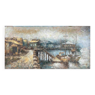 HST painting "Navy and boats at the dock" Edward Barton (1936-2012) ec. USA