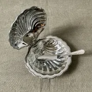 Metal shell butter dish with glass bowl and knife