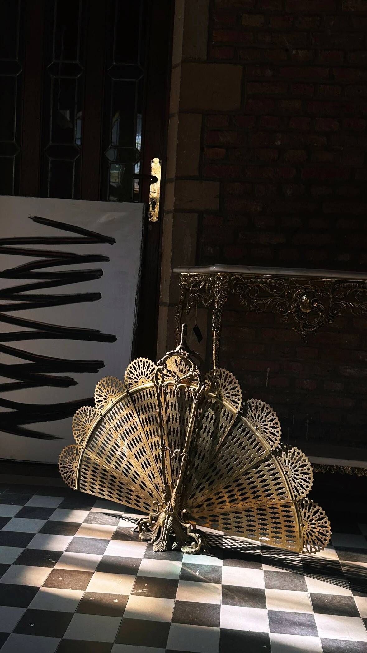 Vintage French brass fire screen, peacock design, 20th century.