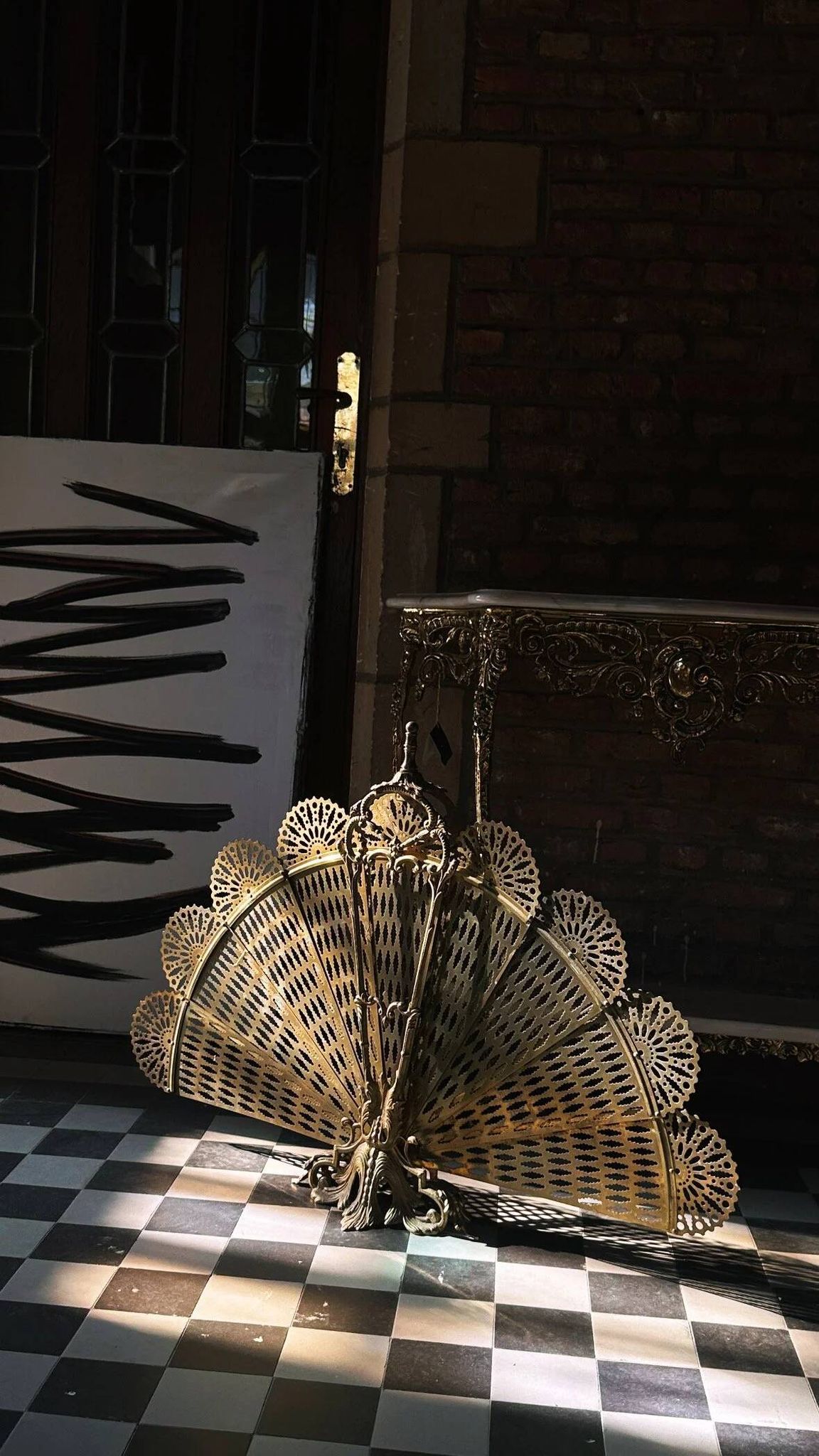 Vintage French brass fire screen, peacock design, 20th century.