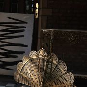 Vintage French brass fire screen, peacock design, 20th century.