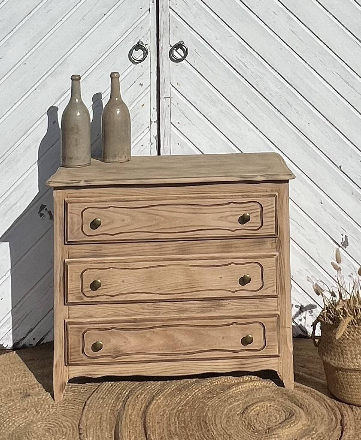 Antique chest of drawers in raw oak with 3 drawers - compass feet
