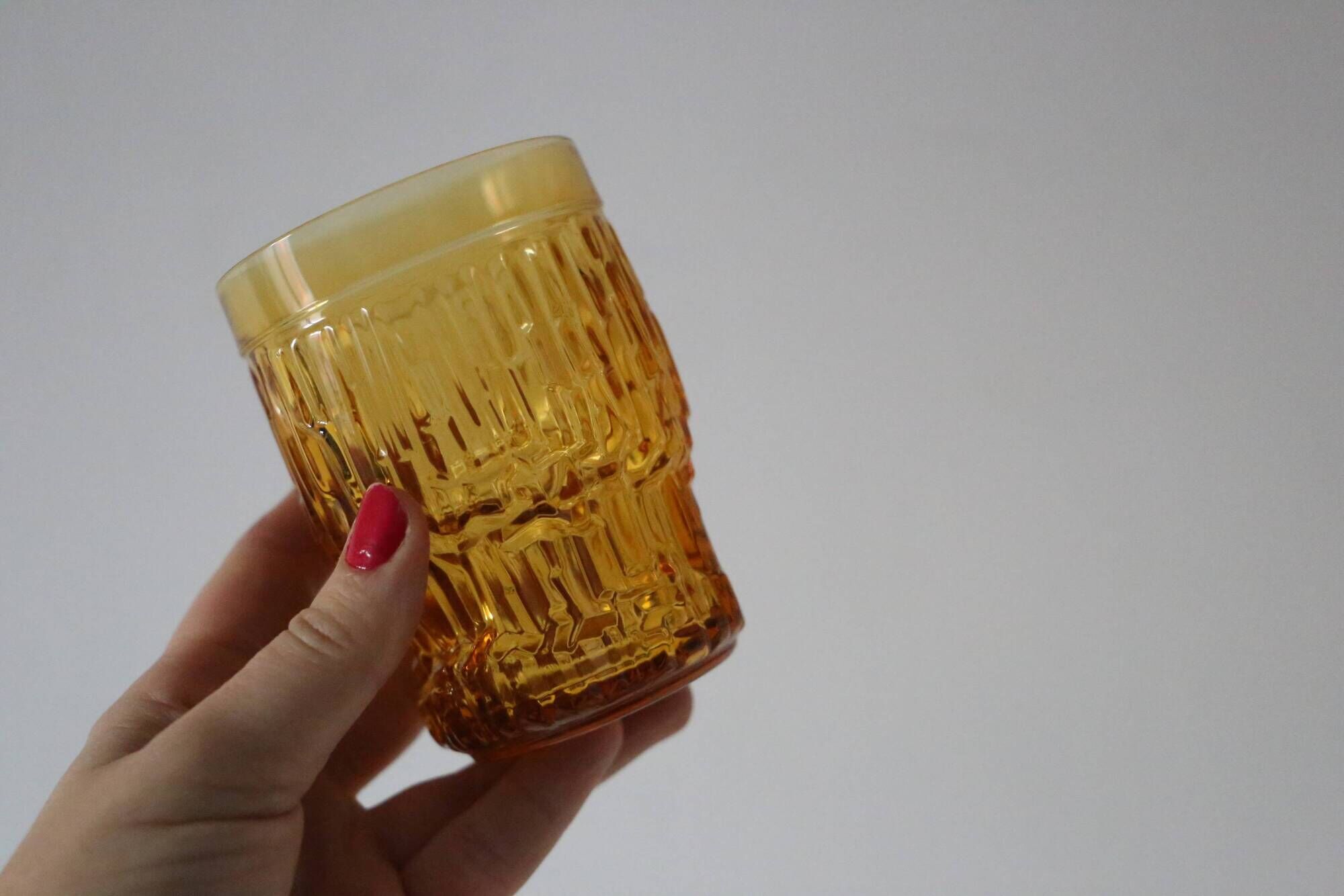 Set of 6 amber glasses, frosted effect, vintage French