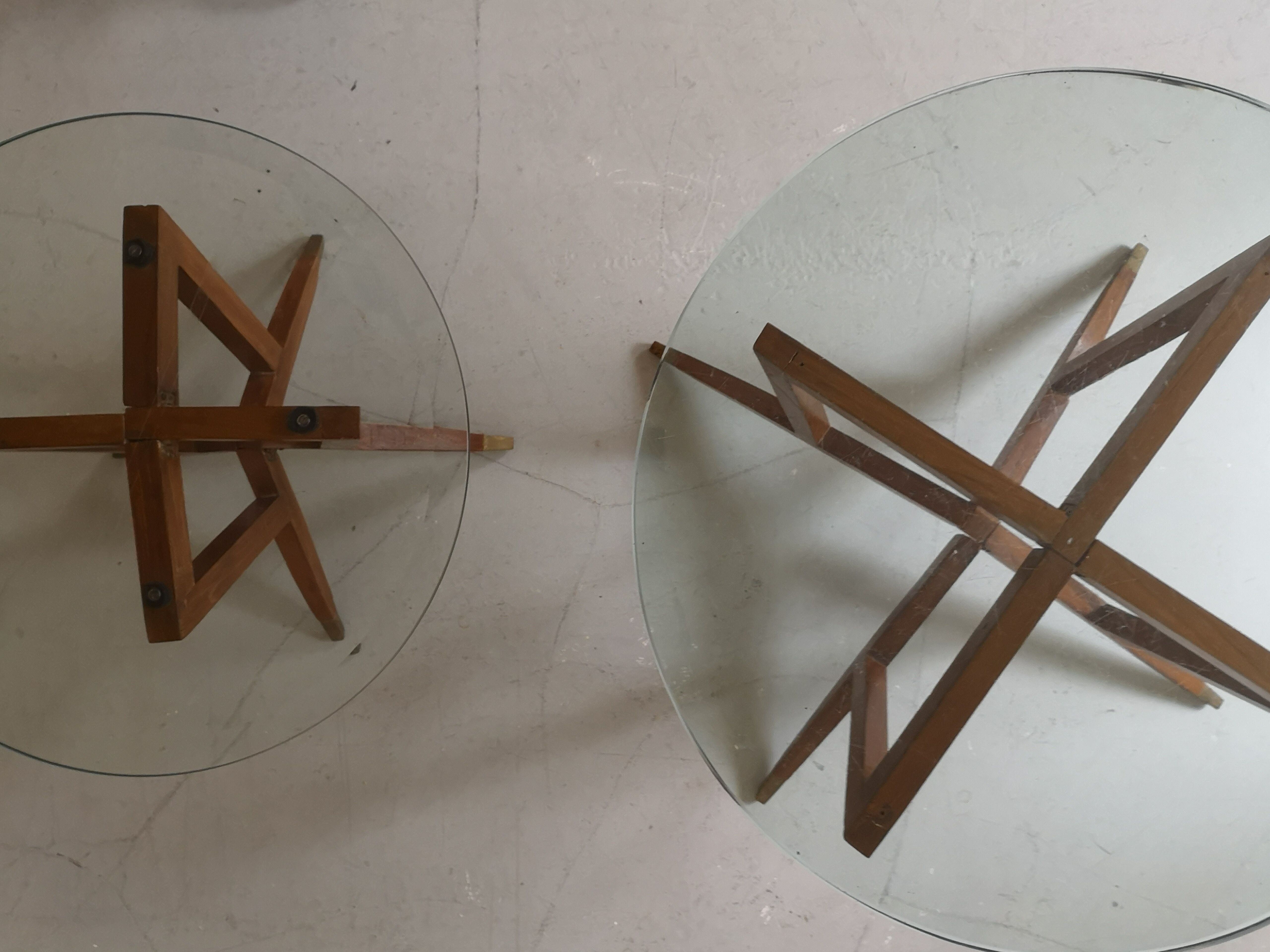 Scandinavian coffee table in star wood and glass 1970