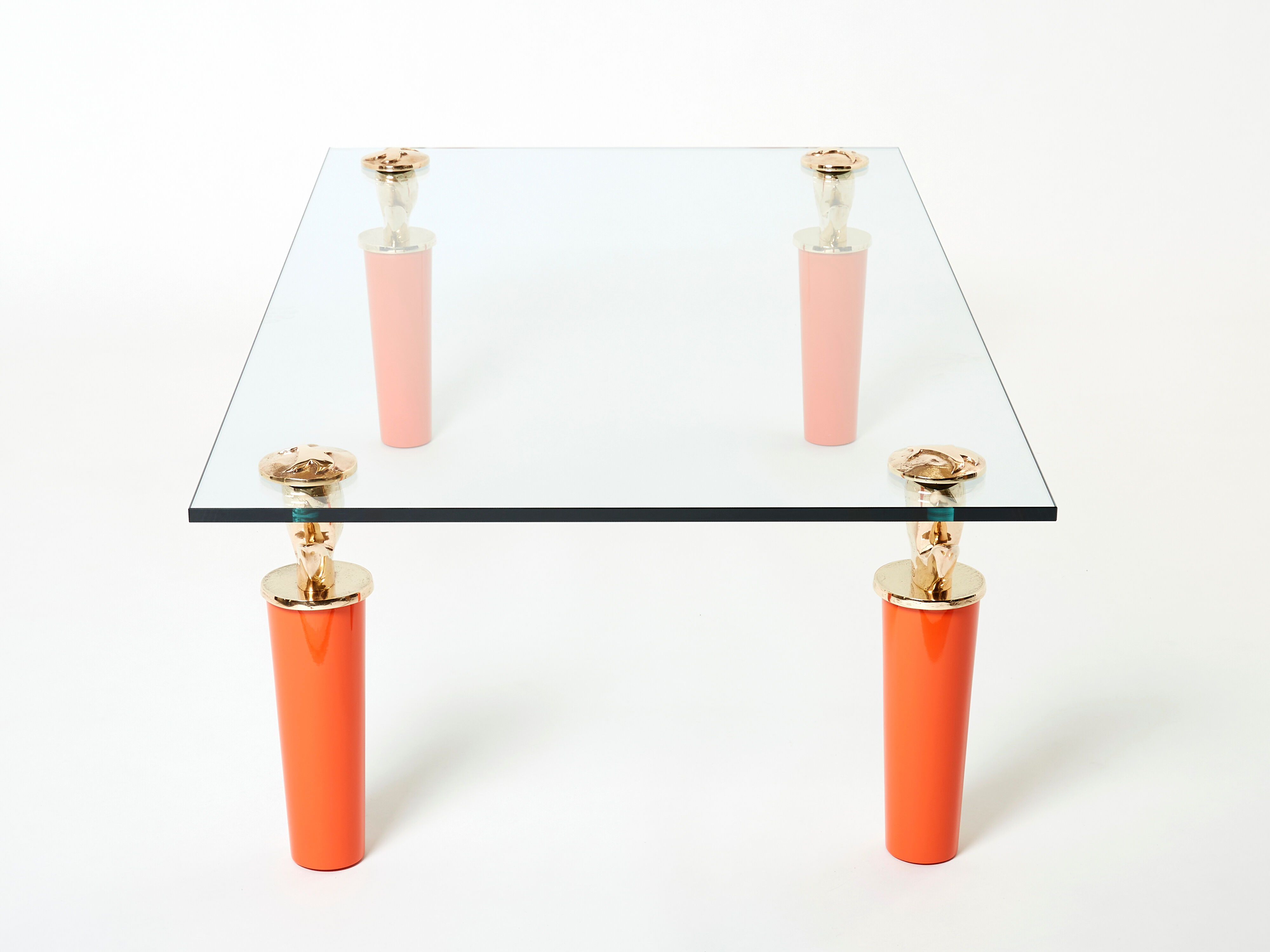 Rare coffee table lacquer orange bronze glass signed Garouste & Bonetti 1995