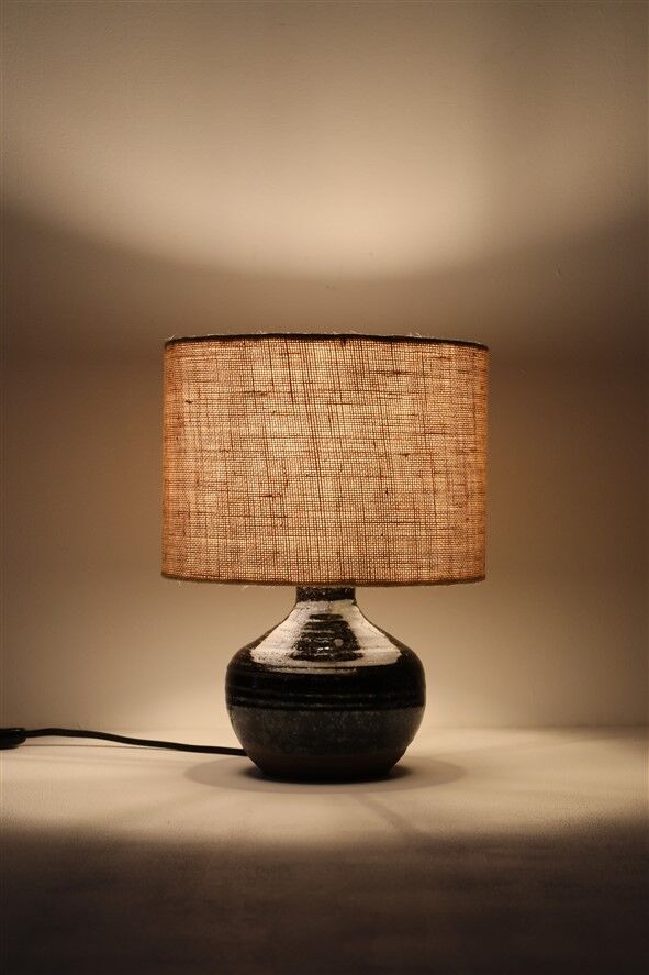 Rare, handcrafted Robert “Rob” Bentsen ceramic table lamp with a jute lampshade / Mid-century Danish modern design / 1960s / 1970s