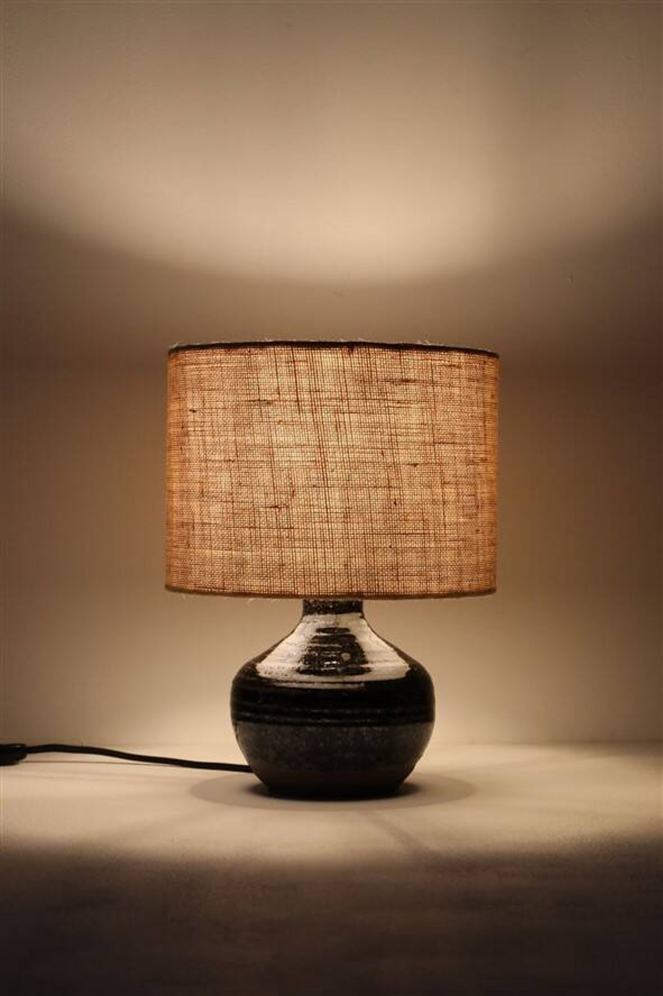Rare, handcrafted Robert “Rob” Bentsen ceramic table lamp with a jute lampshade / Mid-century Danish modern design / 1960s / 1970s