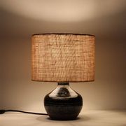 Rare, handcrafted Robert “Rob” Bentsen ceramic table lamp with a jute lampshade / Mid-century Danish modern design / 1960s / 1970s