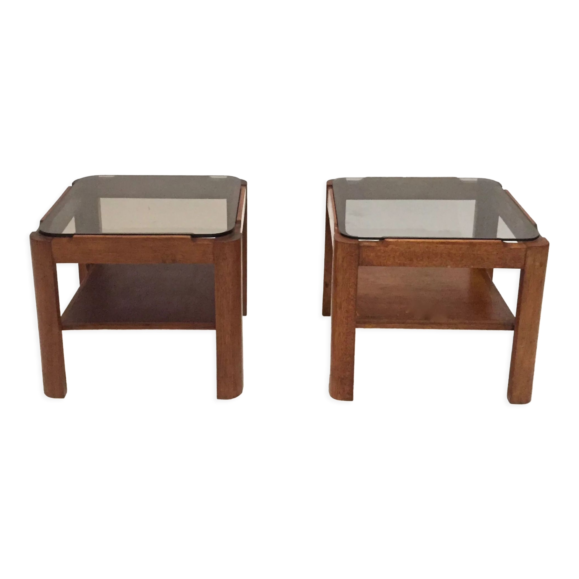 Pair of teak bedside tables and smoked glass