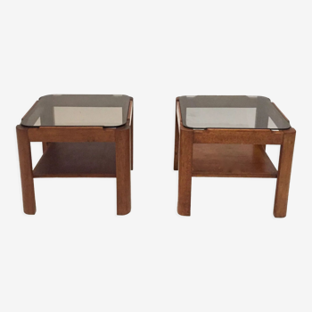 Pair of teak bedside tables and smoked glass
