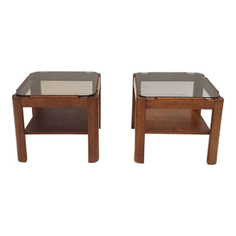 Pair of teak bedside tables and smoked glass