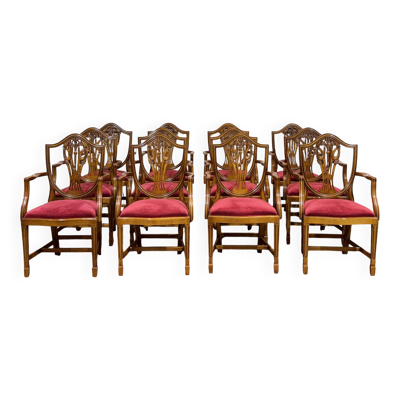 Suite de 12 fauteuils anglais de style Regency en hêtre des années 1970