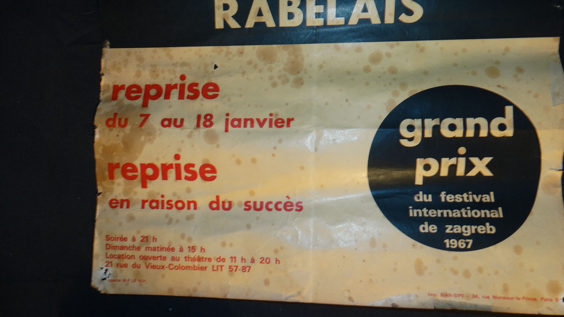 Rare poster theatre of old colombier Paris 1967