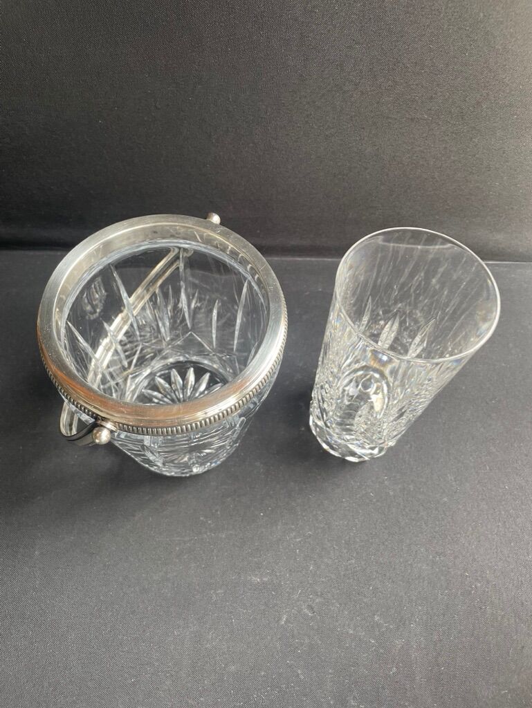 Ice bucket with spoon and glass – cut crystal and silver metal