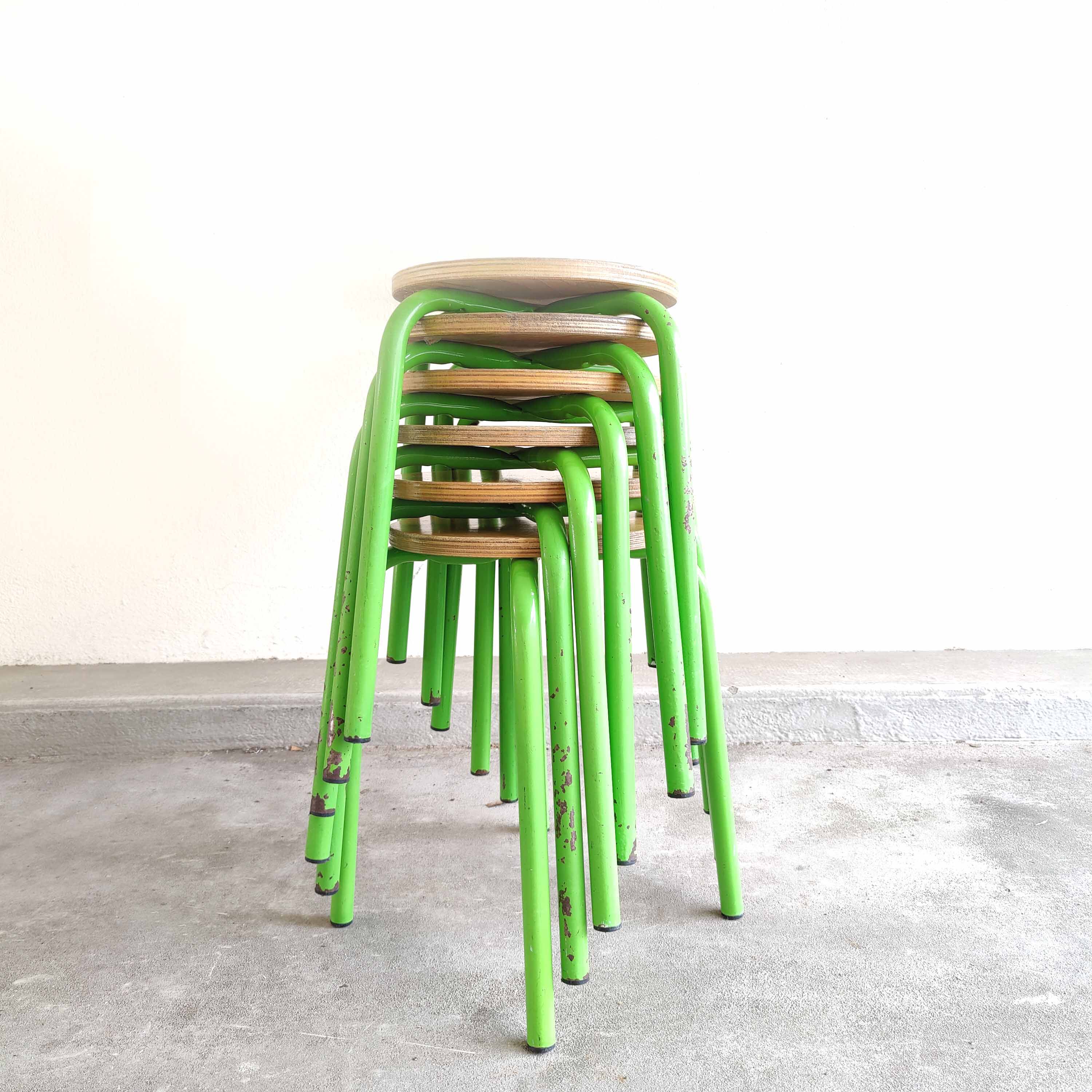 Set of 6 stools vintage metal green and wood