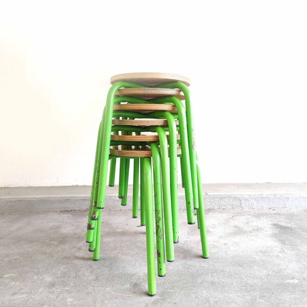 Lot de 6 tabourets vintage métal vert et bois