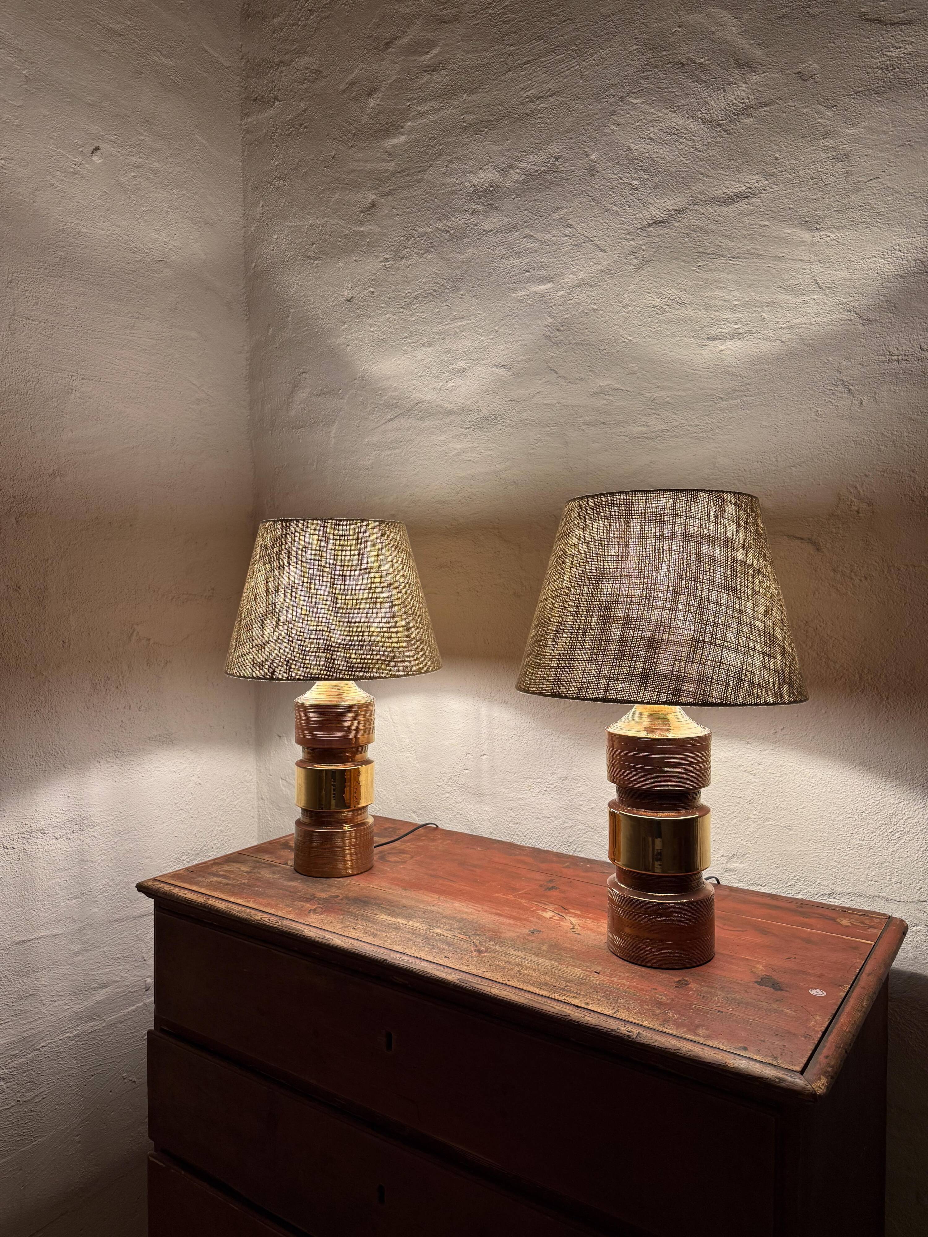 Vintage Bergboms Bitossi table lamps, ceramic with copper glaze, Sweden 1960s.