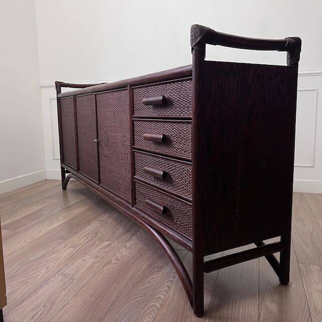 Vintage sideboard in woven wicker and bamboo
