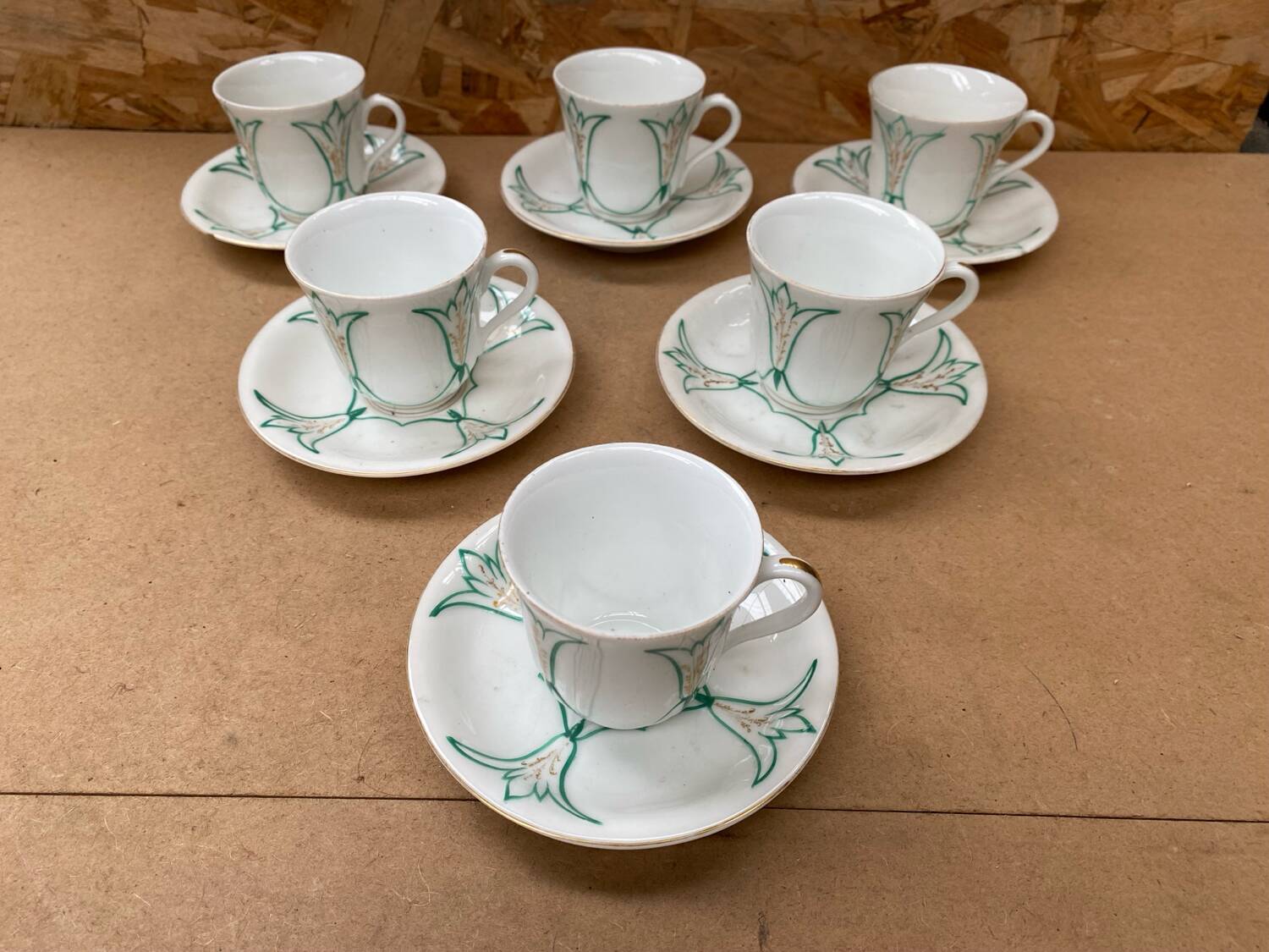 Set of 6 antique white ceramic mugs vintage green leaf decor