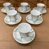 Set of 6 antique white ceramic mugs vintage green leaf decor