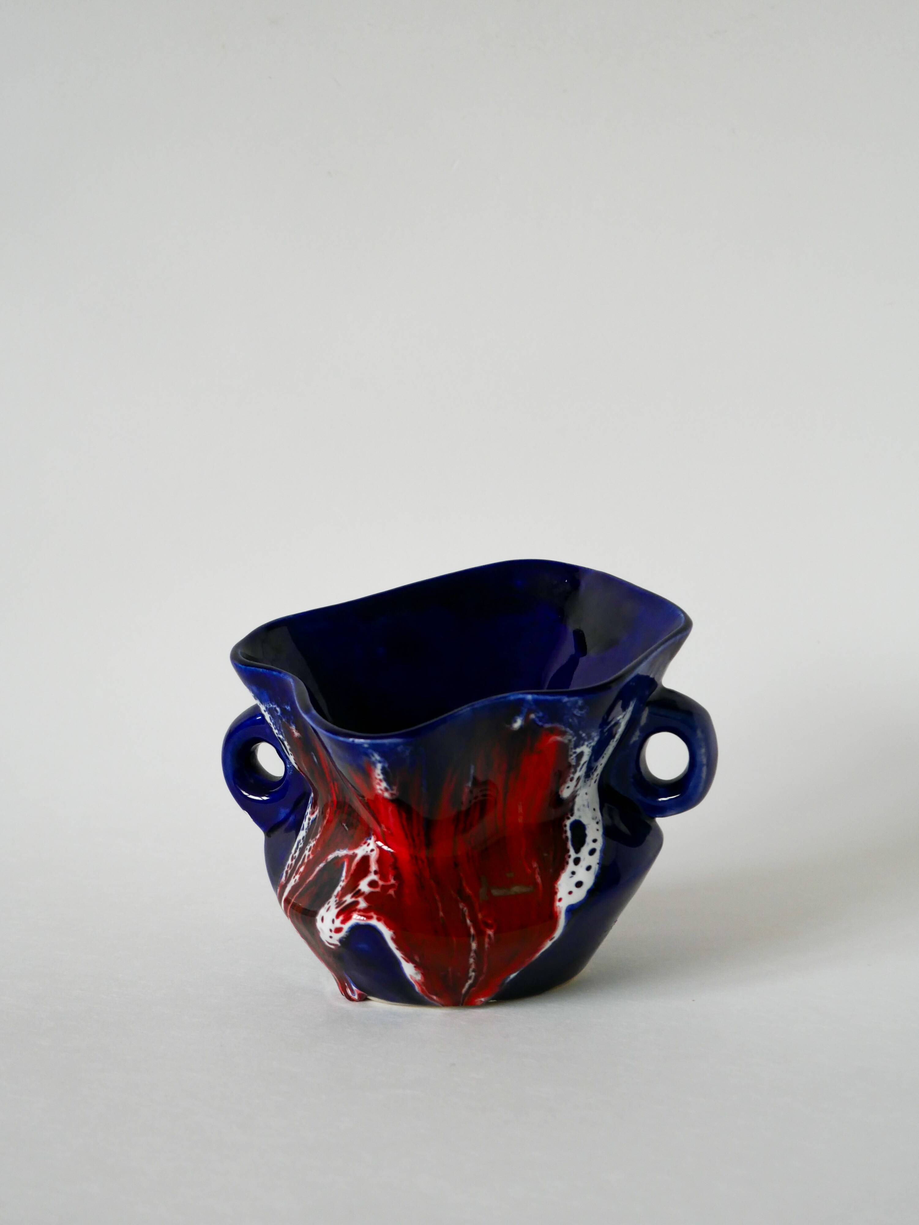 Ceramic vase / fat lava red, blue and white, 1970