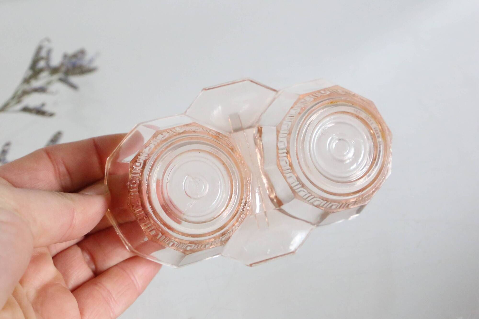 Salt and Pepper Set in pink glass, molded glass, vintage French, authentic